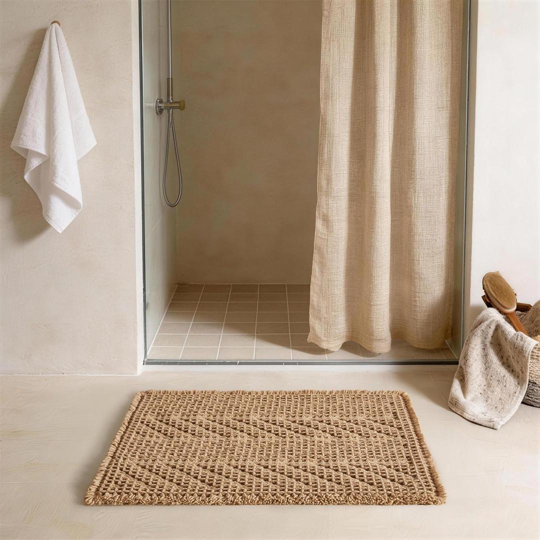 Sunfly Boho Bathroom Rug, Herringbone Waffle Bath Mat Non-Slip Washable Super Absorbent Quick Dry, Farmhouse Bath Mat for Bathroom Floor Decor 20"*30" Khaki (1'8" x 2'6" (Rectangular))