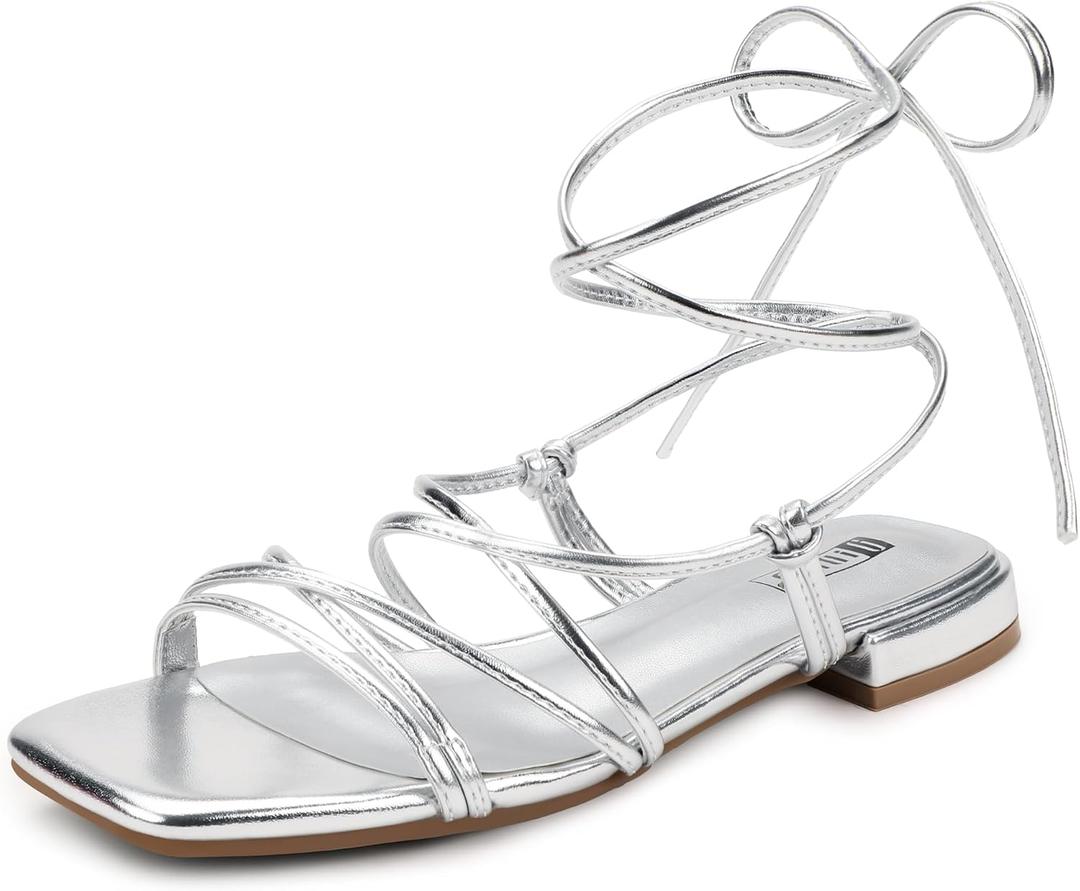 IDIFU Strappy Lace Up Flat Sandals for Women Tie Up Square Open Toe Ankle Wrap Straps Dressy Gladiator Summer Beach Wedding Party Ladies Comfortable Cute Casual Dress Sandals Silver Pu 5.5