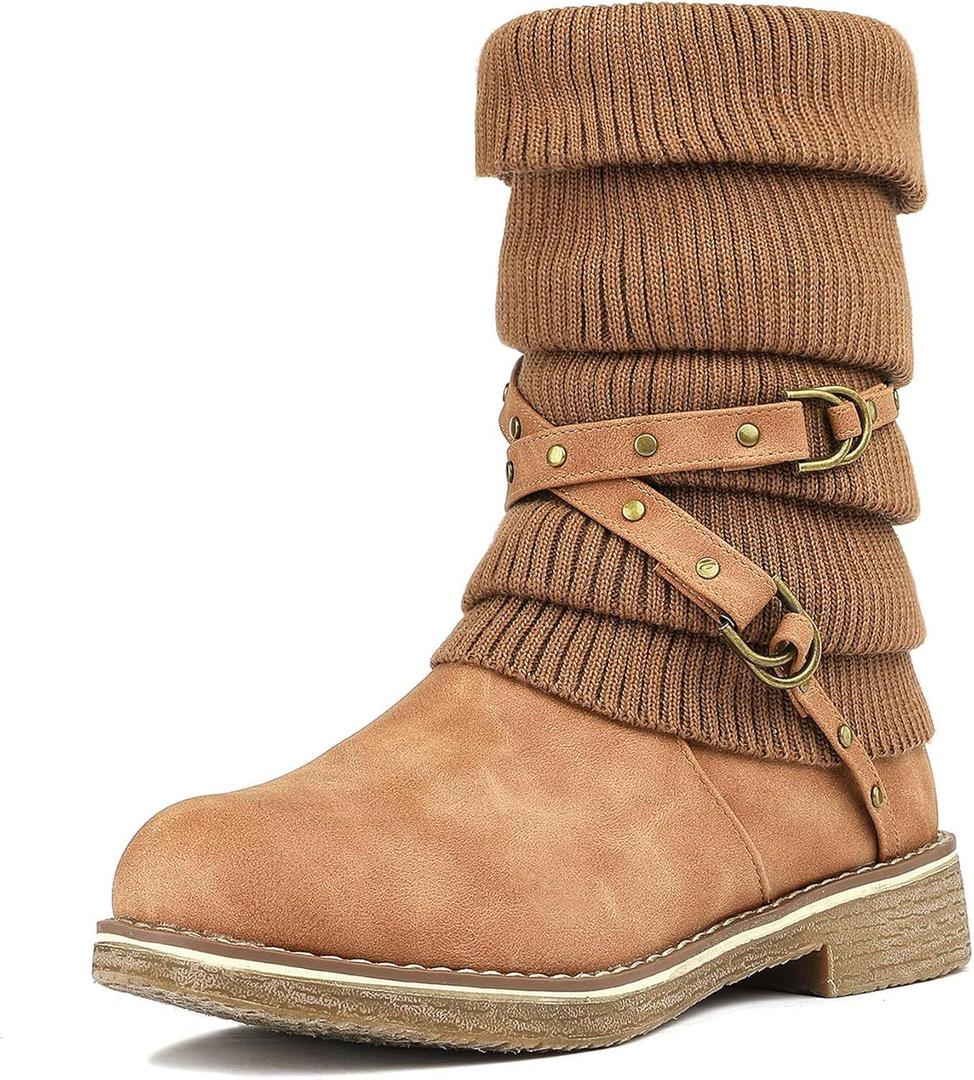 DREAM PAIRS Women's Mid Calf Fashion Winter Snow Boots (7.5, Camel)