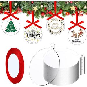 100 Pcs Clear Round Acrylic Ornaments Clear Acrylic Christmas Ornaments DIY Blank Round Ornament with Red Ribbon for Christmas Tree Party Hanging Decoration Supplies (100pcs* 4 inch)
