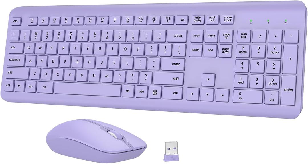 Wireless Keyboard and Mouse Combo, Full-Size Silent Ergonomic Keyboard and Optical Mouse, Long Battery Life, 2.4GHz Lag-Free Cordless Mice Keyboard for Computer, Mac, Laptop, PC, Windows(Purple)