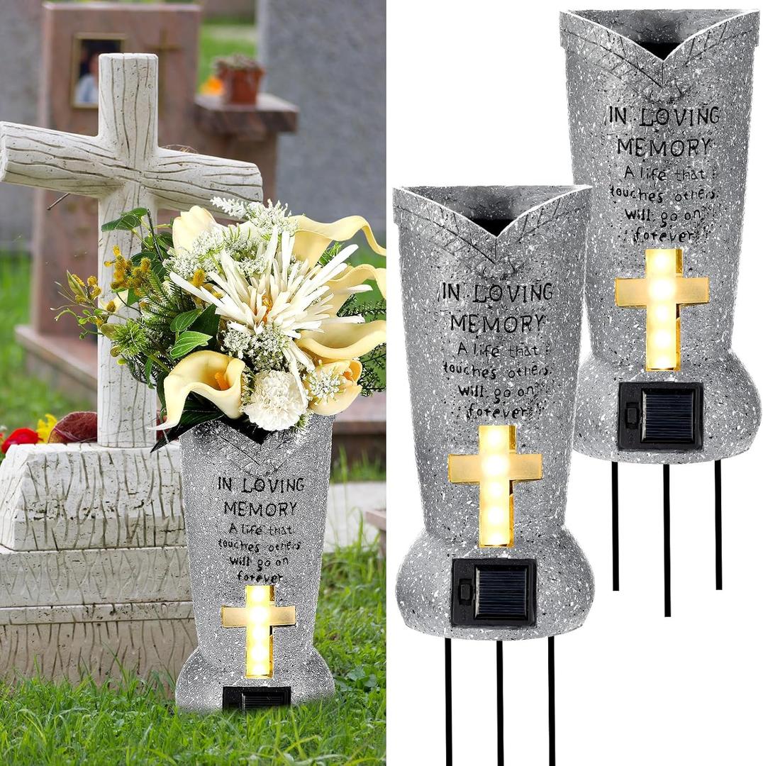 2 Pcs Solar Cemetery Grave Vase with LED for Fresh Artificial Flowers Headstones Vases with Spikes Grave Decorations for Cemetery Grave Decor Memorial Gifts Loss of Loved One