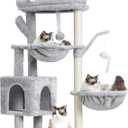 Heybly Cat Tree, 39.4 Inches Tower Condo with Scratching Post, Cat Tower for Indoor Cats, Fully Wrapped Sisal Pole, Soft Platform, 2 Baskets and Dangling Toy, Light Gray HCT006SW