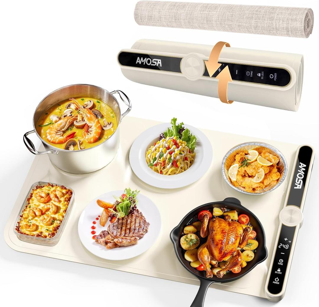 Warming Mat for Food, Fast Heating Electric Food Warmers with 9 Level Temperature and 6 Hours Timer, Large Roll Up Silicone Food Heating Mat, Portable Warming Trays for Buffets Party (Yellow) (24x15 Inch)