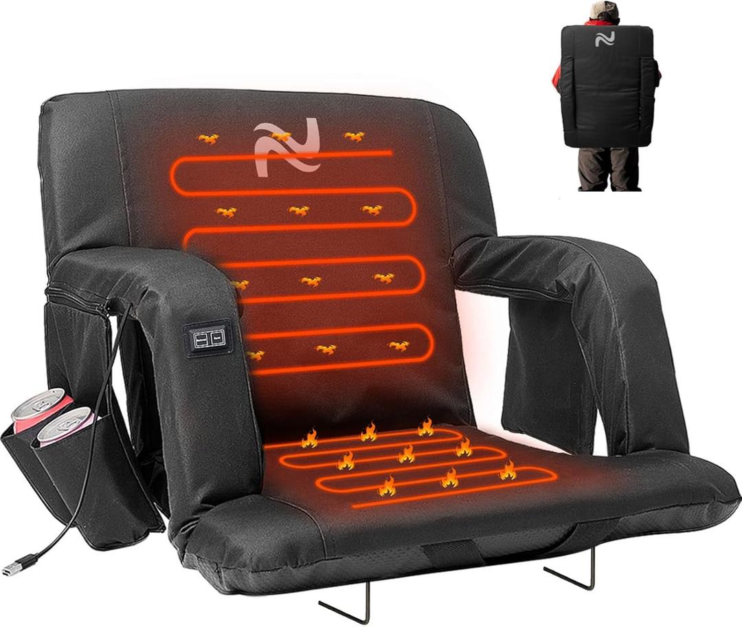 LILYPELLE Double Heated Stadium Seat Bleacher Seat with Back & Arm Support, Portable 6 Reclinng Positions Stadium Seating for Bleachers, Bleacher Seats for Sports Events, Outing, Travelling, Hiking (Deep Black)