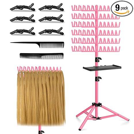 OLMRJKD Braiding Hair Rack with Tray, 144 Pegs Height Adjustable Braiding Rack, 2side Hair Extension Holder Hanger, Hair Stand with Stylist Hair Braiding Tools for Hair Salon Home Traveling (Pink)