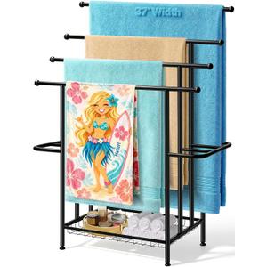 Haturi 4-Tier Free Standing Towel Rack for Bathroom, 45.3" H Black Metal Towel Drying Rack, 18.1" W with Storage Basket, Outdoor Pool Towel Holder for Oversized Towels & Blankets