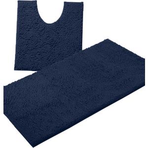 Bathroom Rugs Sets 2 Piece, Luxury Chenille Bath Mat Set, Soft Plush Anti-Slip Bath Rug + U-Shaped Toilet Mat. Microfiber Shaggy Carpet, Super Absorbent (24 x 36 & 20 x 24 U, Navy)