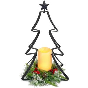 Christmas Metal Tree Centerpiece Table Decoration Lighted Candle Holder Stand Battery Operated and Timer for Xmas Holiday Table Fireplace Mantle Decorations (Black)