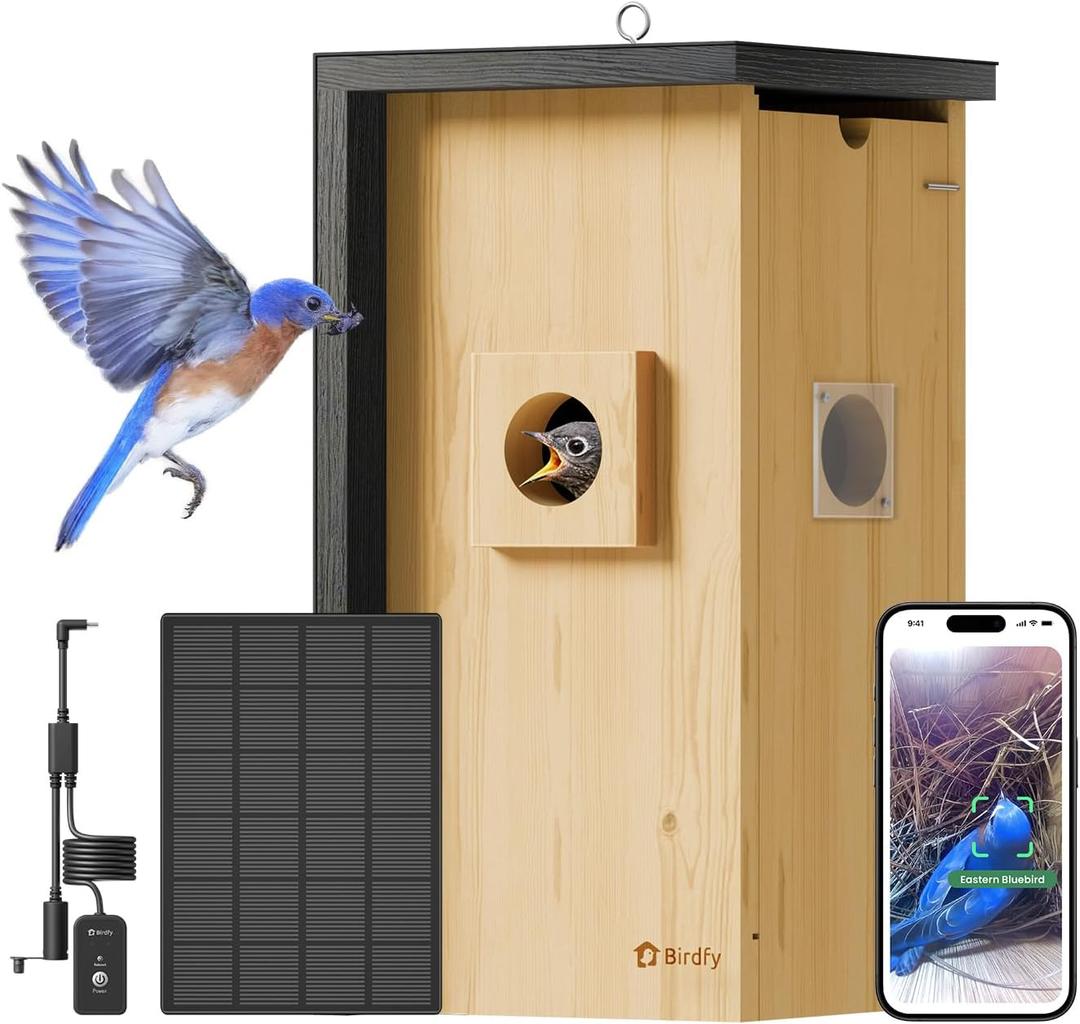 Birdfy Bird House with Camera Solar Powered with Iron Guard for Outside, AI Identify, 1080P HD & Night Vision for Bluebird Finch Swallow Wren Chickadee Nesting Watching, Auto Detect & Notify