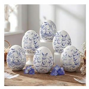 DoubleFill 6 Pcs Ceramic Blue and White Easter Eggs Chinoiserie Porcelain Eggs Spring Basket Bowl Filler Rustic Decorative Farmhouse Ornaments for Easter Home Trays Holiday Party Decorations