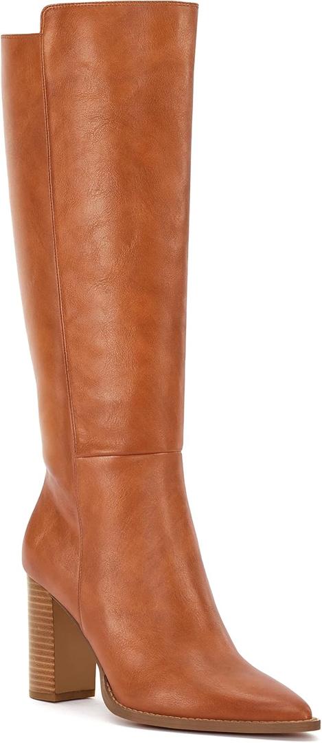 Juliet Holy Women's Knee High Boots Stacked Block Heel Pointed Toe Riding Boots (6.5, Brown)