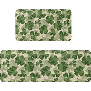 St Patricks Day Kitchen Mats for Floor Set of 2 Green Cream Clover Shamrock Holiday Theme Kitchen Rugs Non Slip Washable Absorbent Kitchen Runner Rugs Decor,17x30 and 17x47 Inch