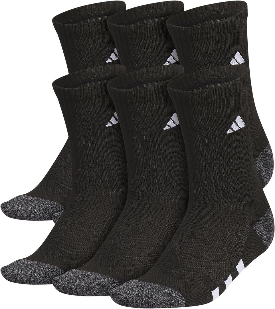adidas Crew Socks for Boys and Girls Youth (6-Pack) Athletic Cushioned and Comfortable, Tall Mid-Calf (Large, Black/Onix Grey/White)