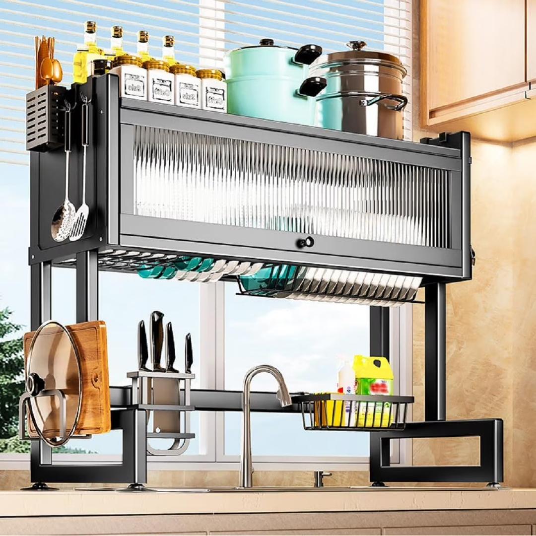 Over The Sink Dish Drainer Drying Rack 3 Tiers with Cover, Keep Kitchen Sink Shlef Organized Space-Saving Dish Drying Rack, Large Stainless Steel Sink Drying Rack for Dishes, Bowls, Cutlery (33.5"W)