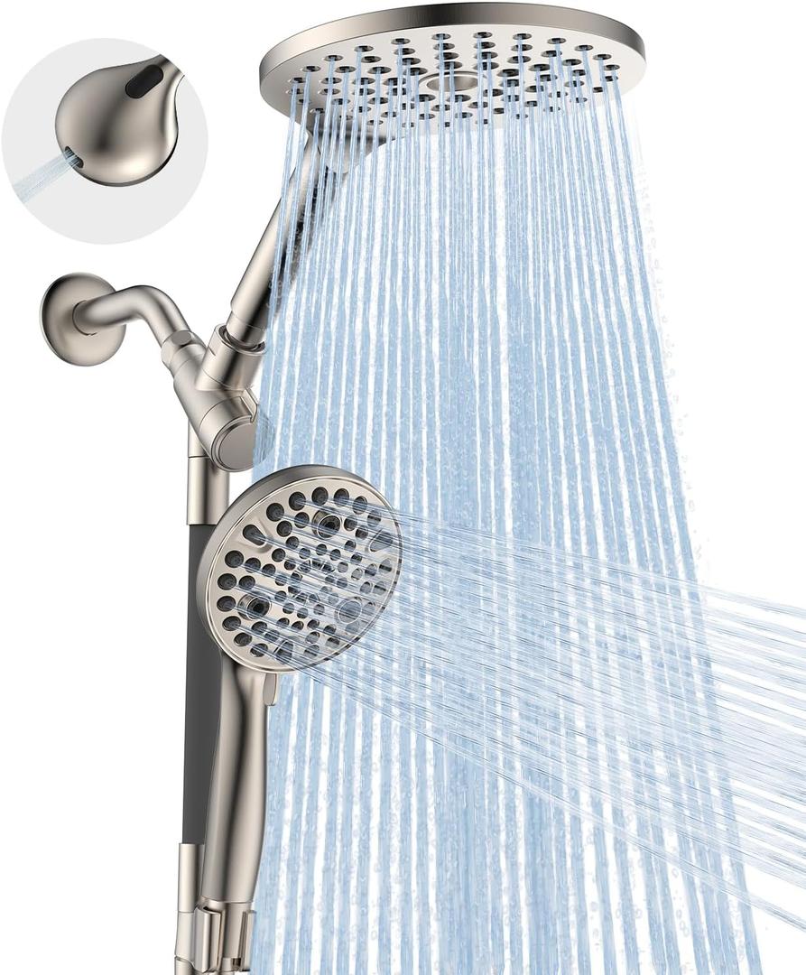 Dual Handheld Shower Head Combo, 2-in-1 Rain Shower Heads System 8 Inch Rainfall Shower Head and 10 Modes High Pressure Hand Held Showerhead with Built-in Power Wash (Brushed Nickel)