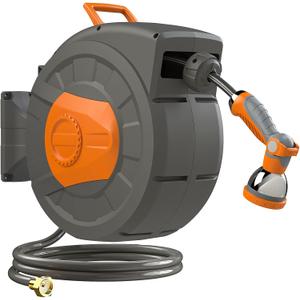 Retractable Garden Hose Reel 100 FT, 1/2" Heavy Duty Garden Hose 435 PSI Burst Pressure, Wall Mounted Water Hose Reel with 10-Pattern Nozzle, 180 Swivel, Slow Auto Rewind & Any Length Lock