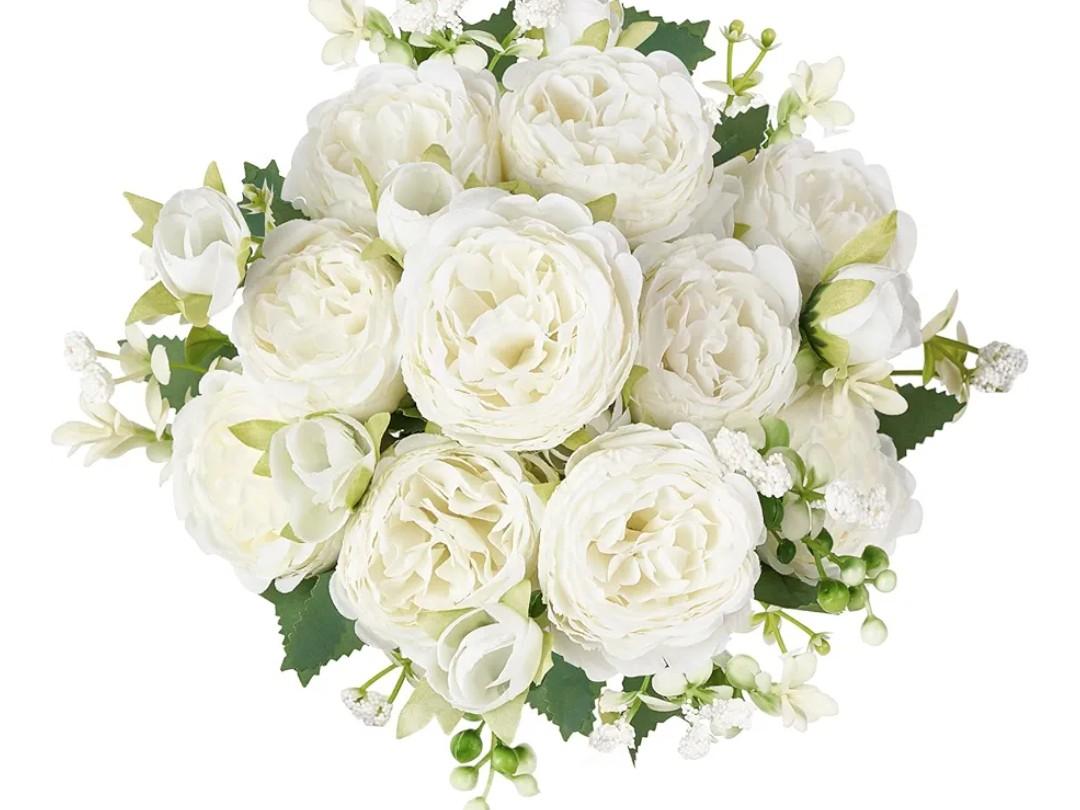 Mkono Peonies Artificial Flowers, Small Silk Flowers for Home Decor Indoor Fake Bouquet Faux Floral Arrangements Dining Table Centerpieces for Kitchen Party Decor White 16 Bundles
