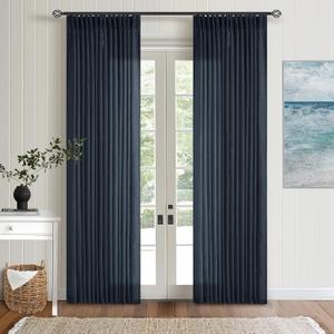 Pinch Pleated Navy Linen Curtains 84 Inches Long 2 Panels Set for Living Room Dining Pinch Pleat Back Tab Light Filtering Farmhouse Boho Retro Window Curtain Drapes 84 Inch Length Dark Blue Indigo