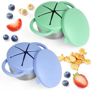 2 Pack Snack Cups for Toddlers Spill Proof - Detachable Stainless Steel Toddler Snack Cups with Silicone Lids & Handles - Dishwasher Safe Snack Container for Mess-Free SnackingBlue-purple and Green)