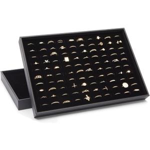 Juvale Ring Display Tray - Velvet Protection & Jewelry Display - Removable Pad & Earring Storage - Stackable Jewelry Trays & Glasses Holder for Nightstand - Pack of 2, 13.8 x 9.5 x 1.3 in, Black