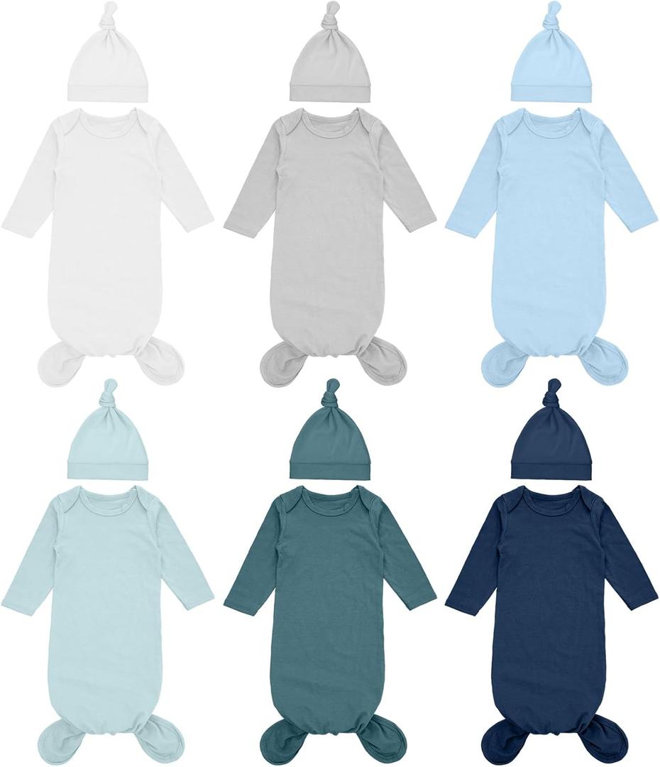 Cuffbow 6 Packs Newborn Baby Knotted Gowns Set 0-6 Months Cotton Sleeper Long Sleeve Nightgown and Hat Set for Infant Baby (Blue)