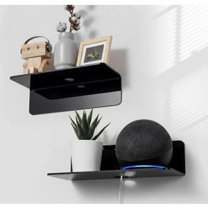 OAPRIRE Acrylic Floating Wall Shelves Set of 2, Damage-Free Expand Wall Space, Small Display Shelf for Smart Speaker/Action Figures with Cable Clips