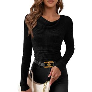 PRETTYGARDEN Women's Long Sleeve Cowl Neck Ribbed Knit Spring Shirts Slim Fit Ruched Going Out Crop Tops Basic T-Shirts(Black,Small)