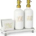 Cisily Kitchen Soap Dispenser Set Comes with Ceramics Sponge Holder, Gold Pumps, and Instant Dry Tray, Hand and Dish Soap Dispenser Set (4, Gold + White + Sponge Holder)