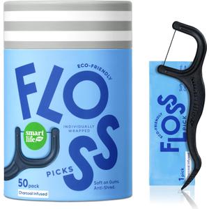 Individually Wrapped Dental Floss Picks (50ct) - Eco-Friendly Flosser Handle Made with Straw Wheat Blend | Great for Travel | PFA Free | Toothpick Stick End | Bamboo Charcoal Thread Whitens Teeth