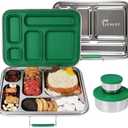 LCHLZZ Stainless Steel Bento Box, 5 Compartments Bento Lunch Box with 2 Containers, Leakproof Metal Bento Box, 304 Stainless Steel Lunch Box Containers for Office, Travel, Dishwasher Safe, Green