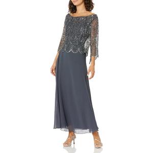 J Kara Women's Petite 3/4 Scallop Beaded Pop Over Gown (Grey/Mercury/Gun), Size 10P