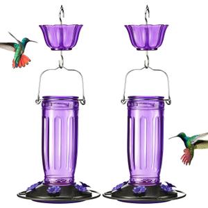 Kingsyard 2 Pack Glass Hummingbird Feeder for Outdoors, 16 Oz Wild Bird Feeder with 6 Feeding Ports Hanging for Garden Yard, Purple (Ant Moat Included)