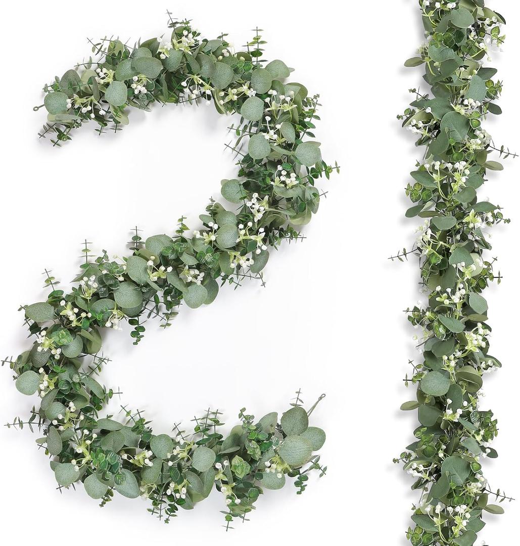 Dremisland Eucalyptus Garland Plant 2 Pack 5.9Ft Artificial Silver Dollar Eucalyptus Garland Eucalyptus Vines for Wedding Backdrop Arch Table Runner Party Home Decor (Eucalyptus,Gypsophila, 2PCS)