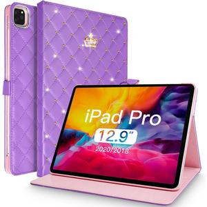 for iPad Pro 12.9 Inch Case 6th/5th/4th/3rd Generation (2022/2021/2020/2018), Crown Diamond Bling Cute PU Leather Smart Auto Sleep/Wake Stand Shockproof Protective Case for iPad 12.9", Purple