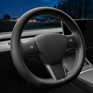 LKWLIKEI Nappa Leather Ultra-Thin Steering Wheel Cover, for Tesla Model 3/Y Steering Wheel Cover, Non-Slip Design and Interior Modification of car Accessories (Black)
