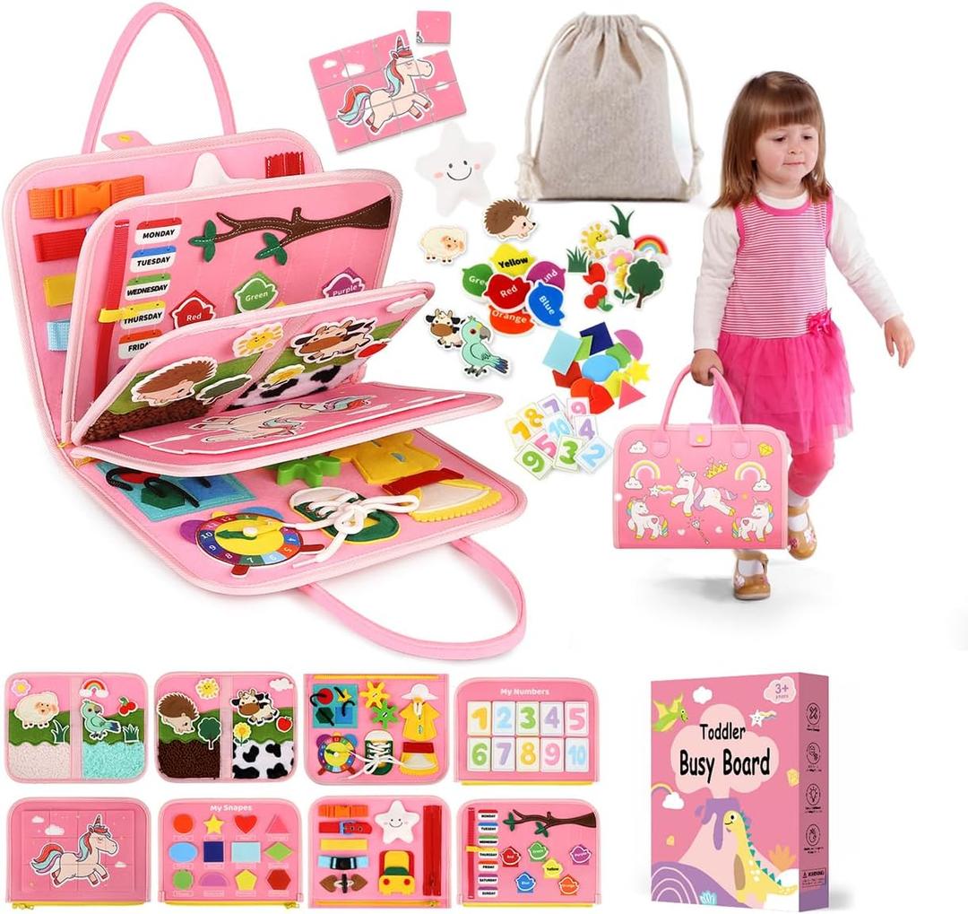 Toddler Sensory Busy Board: Travel Toy Activity Book for Girls Boys, Motor Skill Development Gift for Baby Aged 3-4 Years, Fine Educational Preschool Montessori Learning Toy for Car Airplane Unicorn