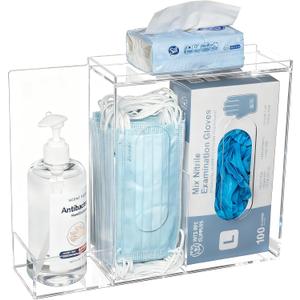 SEANADO Face Mask Dispenser 3 Compartment Acrylic Glove Box Holder Hygiene Station for Disposable Face Masks, Emesis Bag, Shoe Cover and Hairnet, Wall Mount Holes or Tabletop Holder Clear