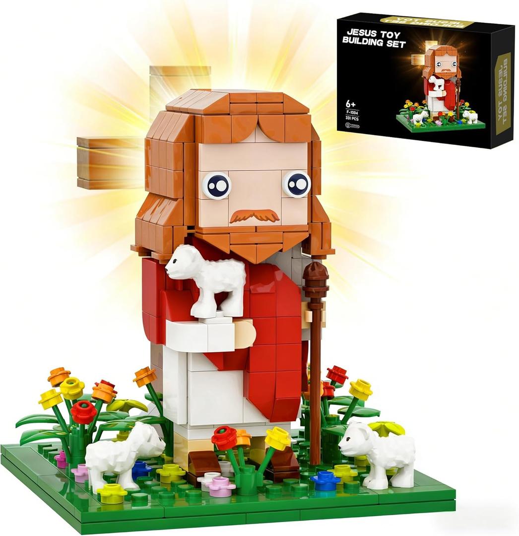 Jesus Building Set with Light - Jesus, Light-Up Cross, Sheep, Flower Clusters - Inspirational Christian Blocks Compatible with Lego, Easter Christian Birthday Gift for Kids Adults (324PCS)