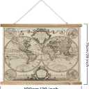 XIAOAIKA Vintage 17th Century World Map Print on Linen with Wooden Hanger, Retro Double Hemisphere Wall Decor for Home and Office, Amsterdam Edition, 39 x 29 Inches