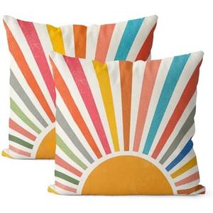 JEFERSO Summer Pillow Covers 18x18 Set of 2 Colorful Stripes Yellow Sunshine Decorations Outdoor Throw Pillows Boho Rainbow Sun Pillowcase Linen Decor Modern Farmhouse Cushion Case for Home Bedroom