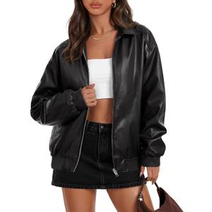 MEROKEETY Womens Fall Winter Oversized Faux Leather Jacket, Black, Large