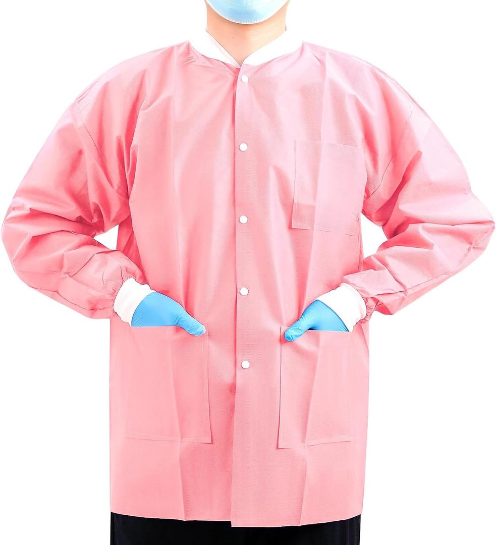 JMU 10-100 Pack Disposable Lab Jackets, SMS Disposable Medical Jackets for Adult, Knit Cuffs Collar, 3 Pockets, Medium