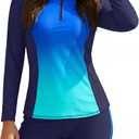 Women Long Sleeve Rash Guard - Two Piece Swimsuit with Shorts UPF 50+ Bathing Suit Built in Bra Surf Swim Shirt (Blue, M)