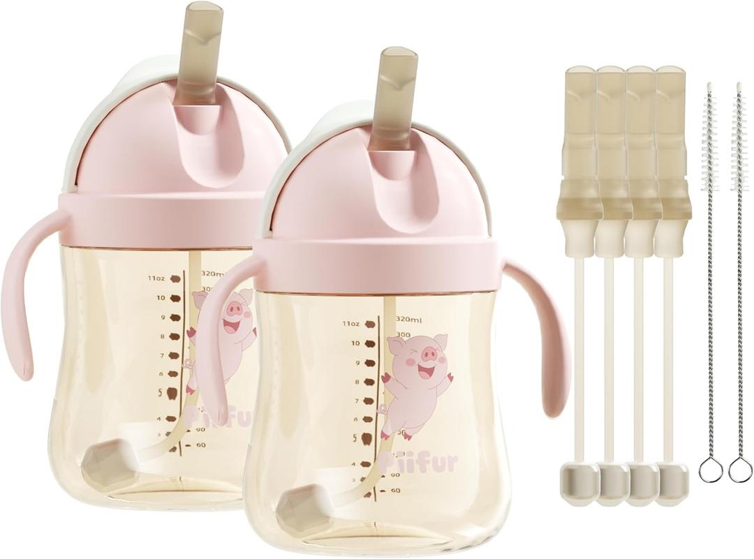 Piifur 11oz PPSU Baby Sippy Cup, Leak-Proof V-Valve Straw Cup with Replacement Straws, Easy Clean Toddler Training Cup for 6-36 Months (Pink 2Pack)