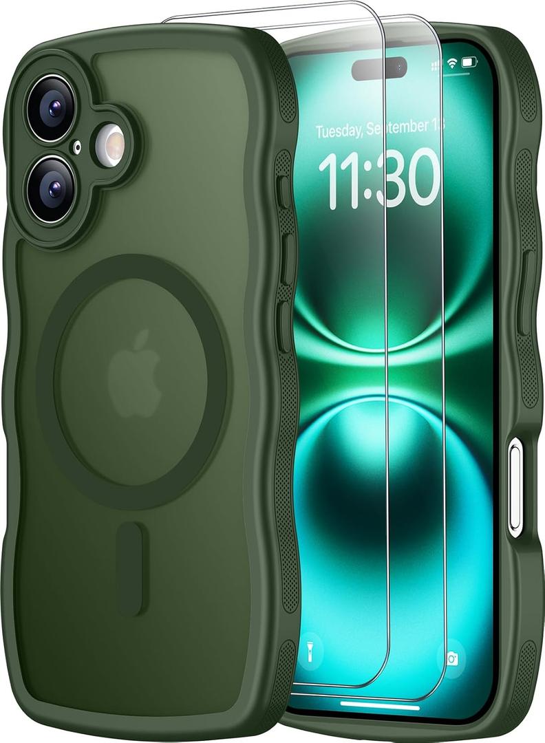 SPIDERCASE Magnetic for iPhone 16 Case, [Curly Wave Edge] with [2 Tempered Glass Screen Protector] [Full Camera Protection] Anti-Fingerprint Anti-Scratch Case for iPhone 16 6.1”, Green