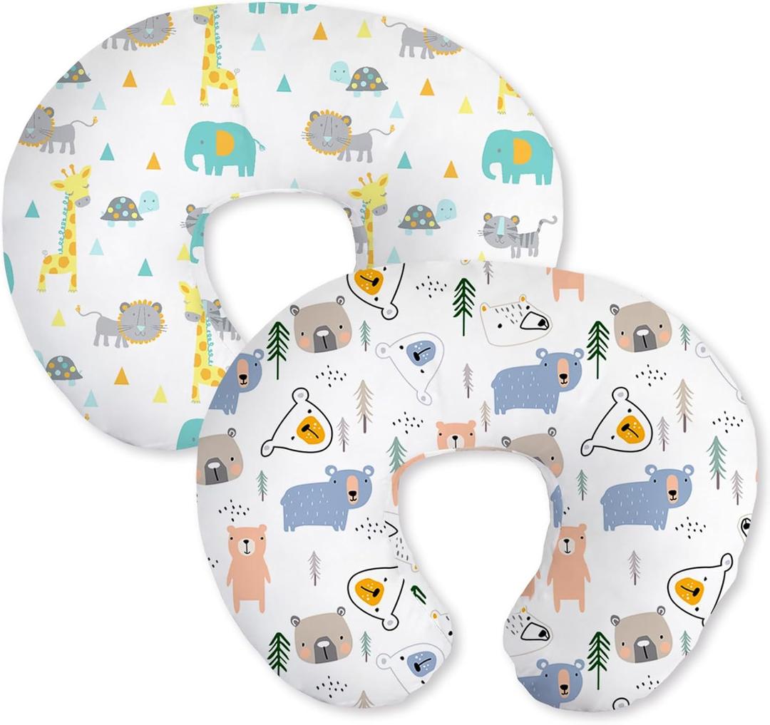 Little Grape Land Nursing Pillow Covers 2 Pack, Soft & Breathable Removable Breastfeeding Pillows Covers for Feeding Pillows, Nursing Pillow Slipcover for Baby Girls Boys, (Animal & Bear