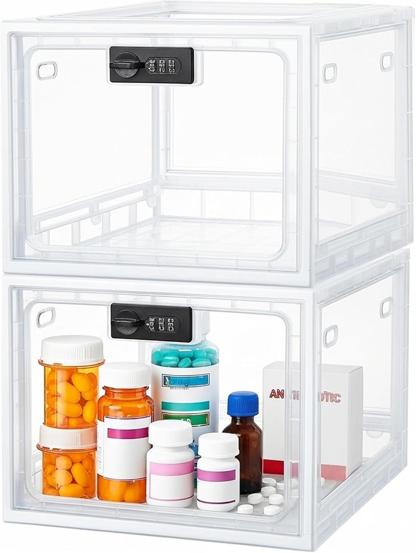 Juexica 2 Pcs Large Medicine Box for Safe Medication, Clear Lockable Storage Box for Medication Refrigerator Fridge/snacks Food for Home Dorms Office Storage Lockers