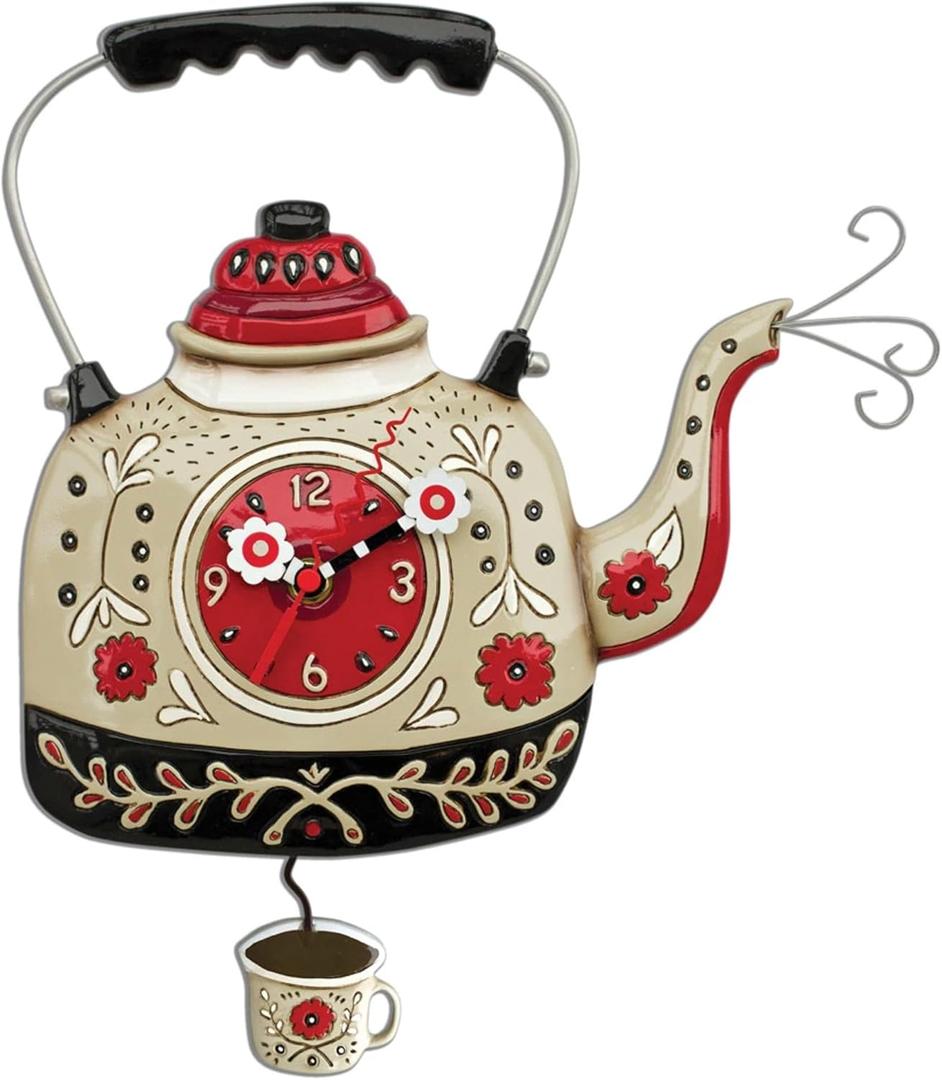 Enesco Allen Designs Vintage Floral Tea Kettle Sculpted Pendulum Wall Clock, 10.24 Inch, Multicolor