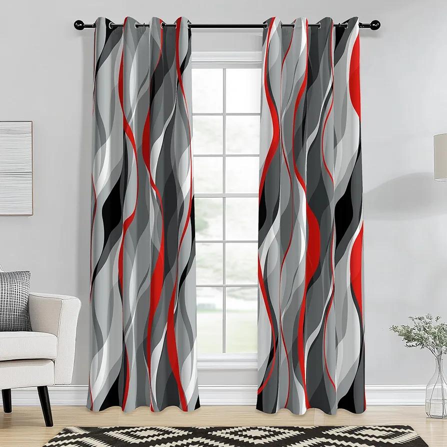 weesire Red and Grey Curtains Modern Striped Decorative 50% Light Blocking Darkening Grommet Red Curtain for Living Room Villa, Bedroom Gray and Red 2 Panels Set, 52x84 Inches